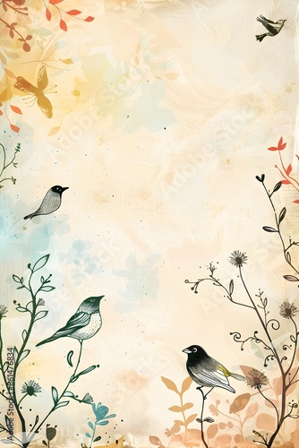 Whimsical Plaid and Coffee Shop Doodle Page Border with Nature Sketches and Blank Space for Mockup