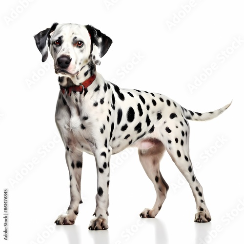 Dalmatian dog breed standing against white background, AI Generated