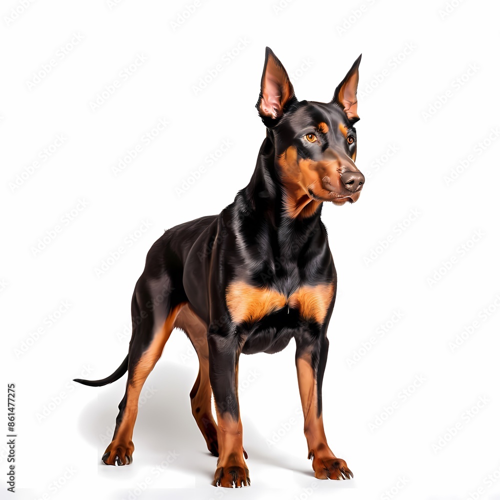 Dobermann dog breed standing against white background, AI Generated Dobermann dog breed standing against white background, AI Generated