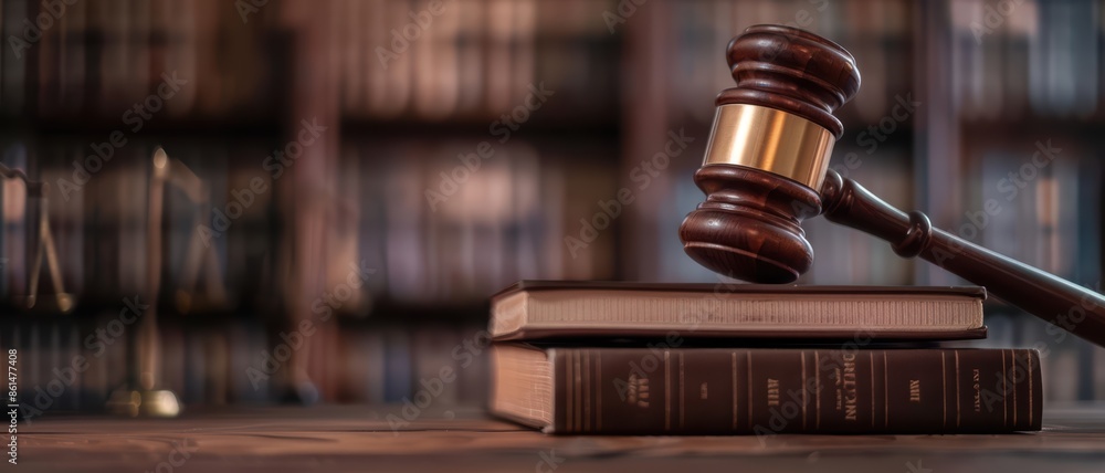 Wooden Gavel on Legal Books in a Library Setting with Blurred Background of Shelves Filled with Law Books Wooden Gavel on Legal Books in a Library Setting with Blurred Background of Shelves Filled with Law Books