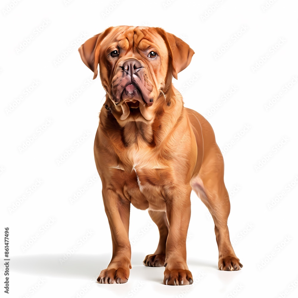Dogue de bordeaux dog breed standing against white background, AI Generated Dogue de bordeaux dog breed standing against white background, AI Generated
