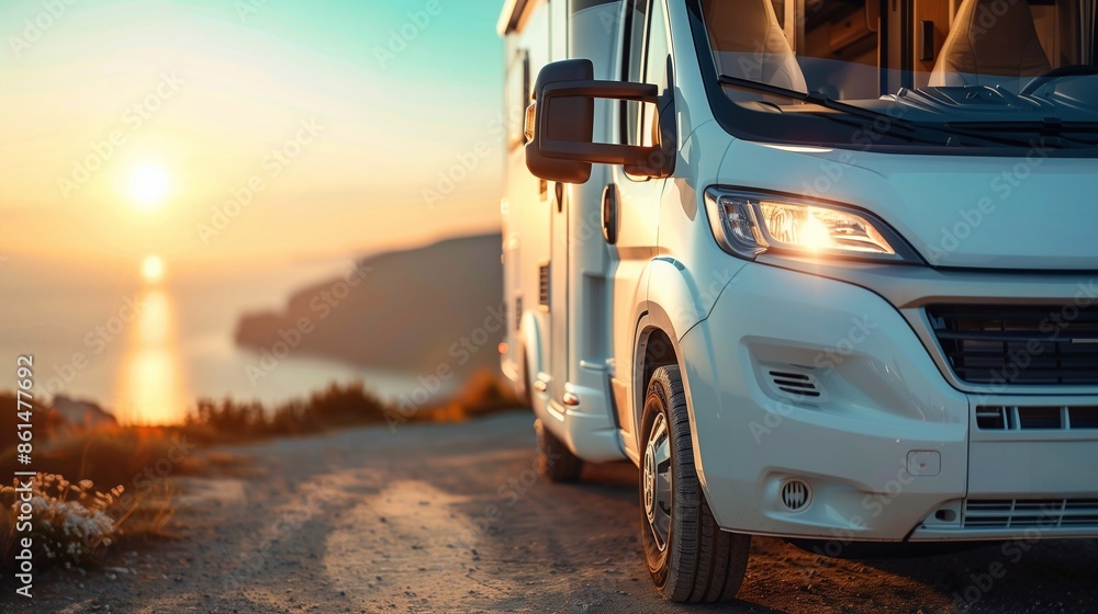 Obraz premium Modern motorhome on the stunning seascape with sunset background. Generative ai