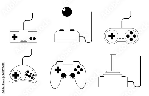 Vector e ilustración de set de iconos de joystick de videojuegos estilo retro y moderno en blanco y negro.