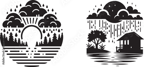 Weather icons set. 2 isolated  vector line icons with clouds, skies and precipitations