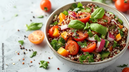 **A bowl of quinoa salad with vegetables on a white background © Maher