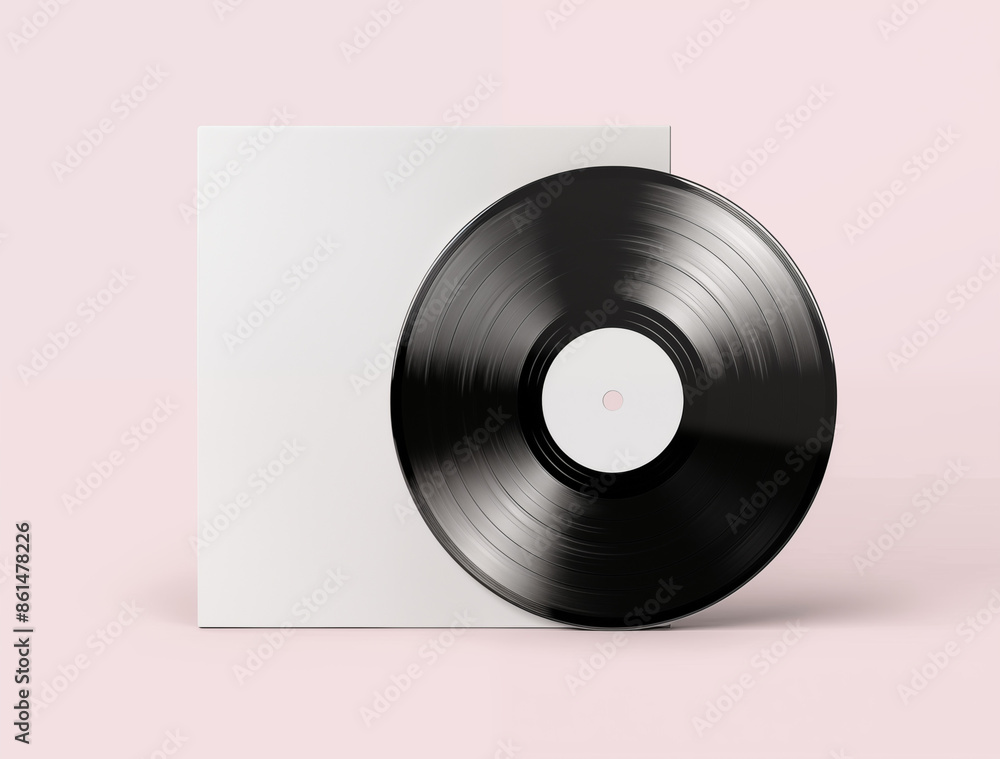 Obraz premium Clean White Vinyl Record Cover mockup with Black Disc on Pink Background