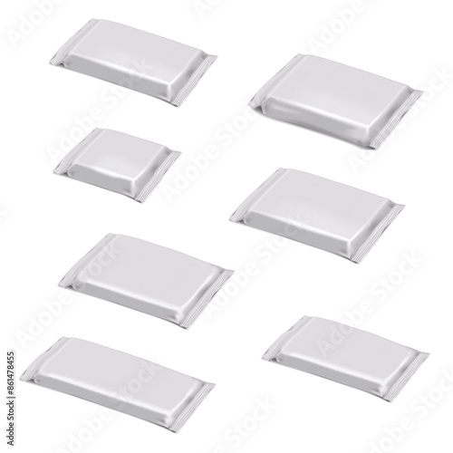 Flow pack pouch. Realistic 3d vector mock-up set. White blank block shape bag packaging. Mockup. Foil, paper or plastic bar package. Template for design