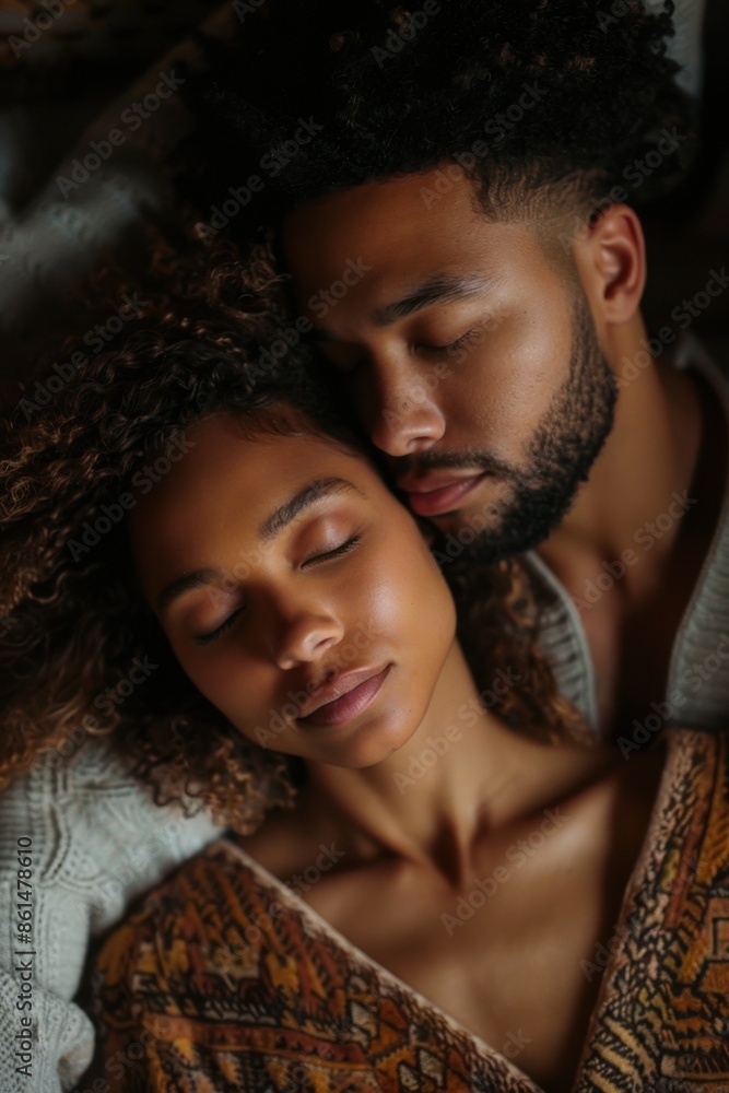 A serene moment of a couple peacefully embracing, eyes closed, conveying warmth and intimacy in a cozy, relaxed environment. A serene moment of a couple peacefully embracing, eyes closed, conveying warmth and intimacy in a cozy, relaxed environment.