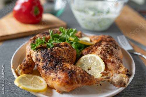 Photos Roasted chicken legs on a plate with lemon and parley garnish