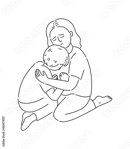 The angry child with mother in line drawing style.