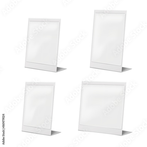 Table sign holder. L-shaped clear plastic pocket with metal back frame. Realistic 3d vector mock-up set. QR code, menu plexi display stand. Mockup. Template for design photo