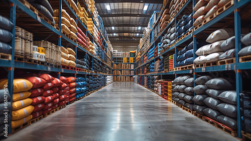 Passage between the shelves with stacks of construction materials for sale in a hardware store warehouse.