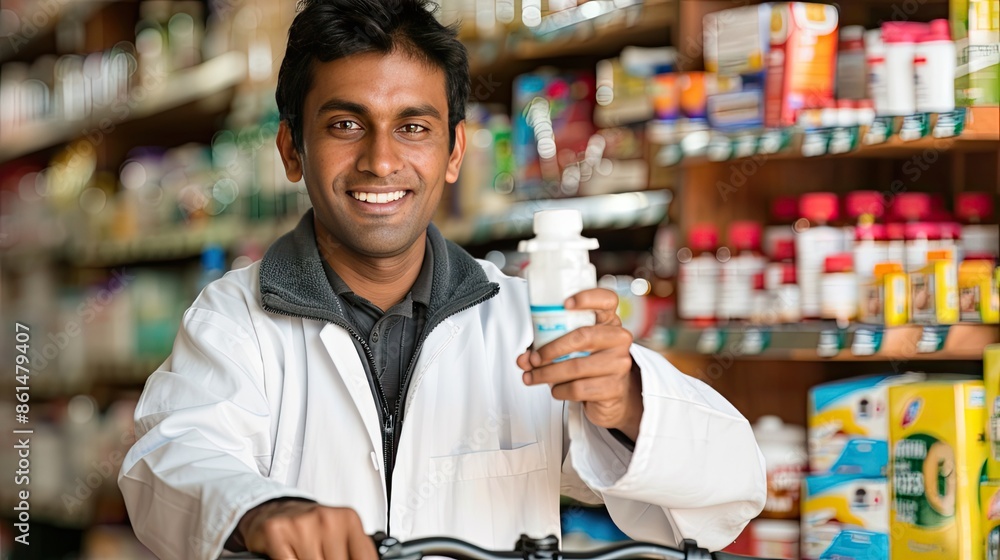 A male pharmacist in a white coat holds a white medicine bottle in front of him, standing in a pharmacy with shelves filled with various bottles A male pharmacist in a white coat holds a white medicine bottle in front of him, standing in a pharmacy with shelves filled with various bottles