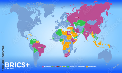 BRICS countries map in the june 2024 with new members, international economic organization, vector illustration