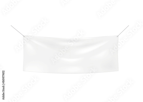 Blank hanging fabric banner isolated on white background. Realistic 3d vector mock-up. Empty horizontal 2 hole grommet suspended advertising vinyl poster. Mockup. Template for design