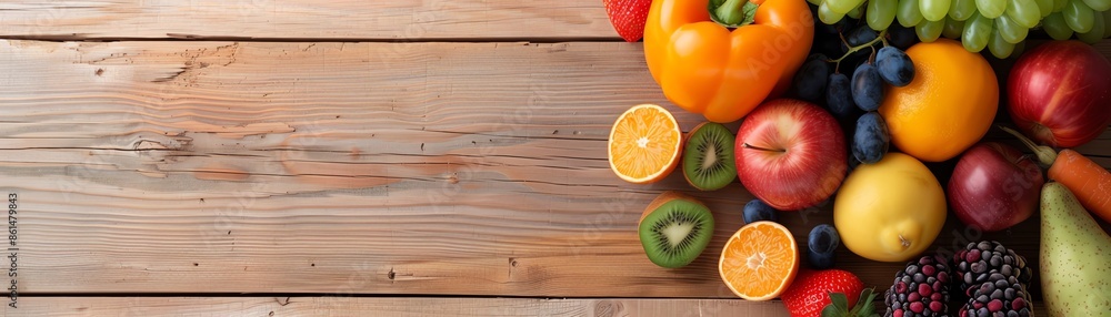 A vibrant assortment of fresh fruits and vegetables on a rustic wooden table, perfect for healthy living and organic lifestyle concepts. A vibrant assortment of fresh fruits and vegetables on a rustic wooden table, perfect for healthy living and organic lifestyle concepts.