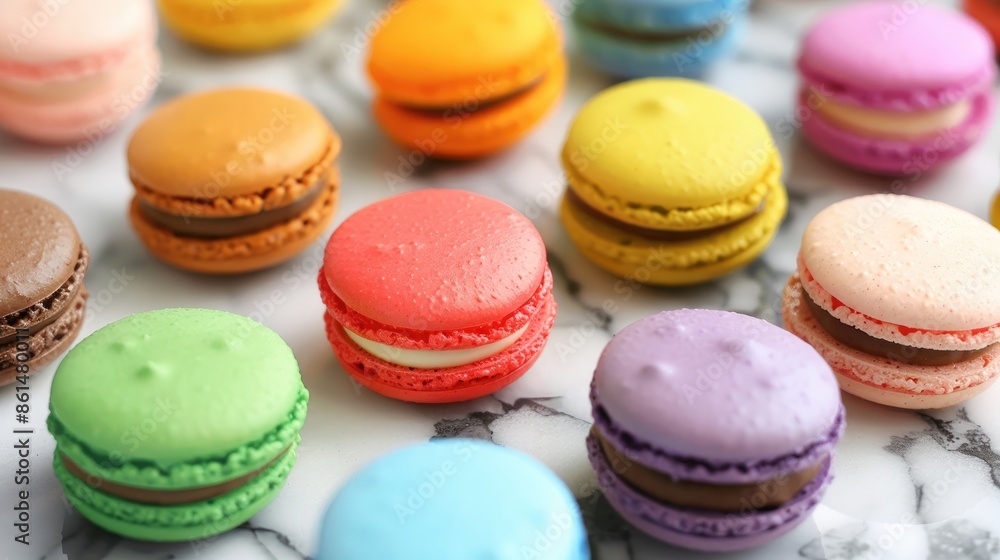 Macarons artistically arranged on a marble surface, showcasing their intricate details and vibrant colors.