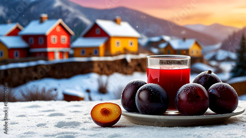 plums with plums juice with multi colorful village with colorful snowing background photo