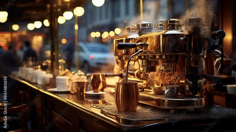 Close-Up of Espresso Machine Making Coffee with Steaming Cup and Inviting Cafe Ambiance. Generative AI Close-Up of Espresso Machine Making Coffee with Steaming Cup and Inviting Cafe Ambiance. Generative AI