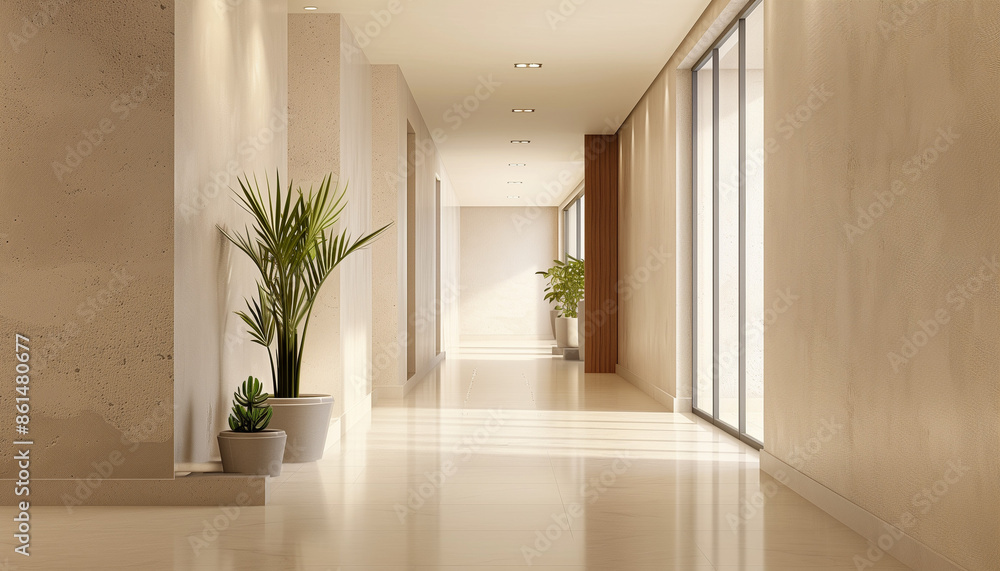 Fototapeta premium A well-lit, spacious corridor with potted plants, smooth flooring, and natural light streaming in from large windows, creating a warm and inviting atmosphere