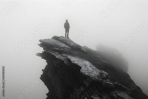 "Solitary Ascent: Man Standing on Rock in Fog"