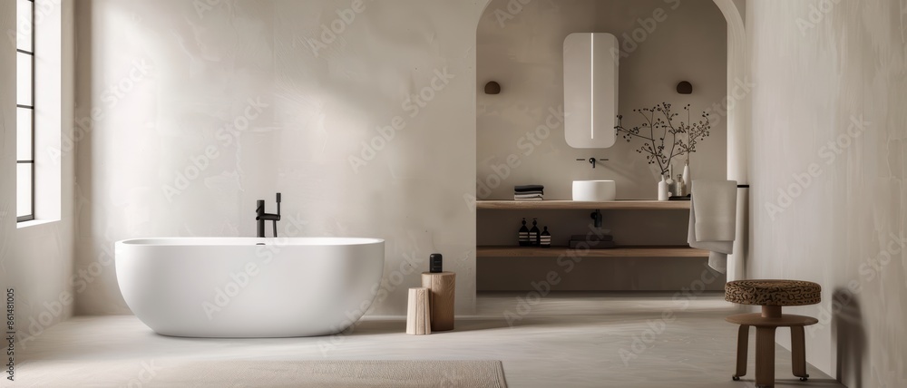 Modern Minimalist Bathroom with Freestanding Tub, Wooden Accents, and Natural Light