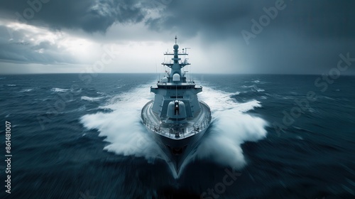 Powerful naval battleship cutting through stormy seas, showcasing strength and technology in a dramatic oceanic setting.