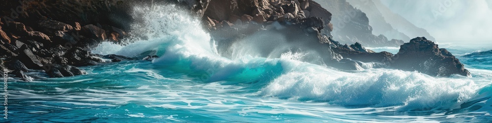 Obraz premium A dramatic scene of powerful ocean waves crashing against picturesque rocks, perfect for surf schools and adventure tourism companies. Generative AI
