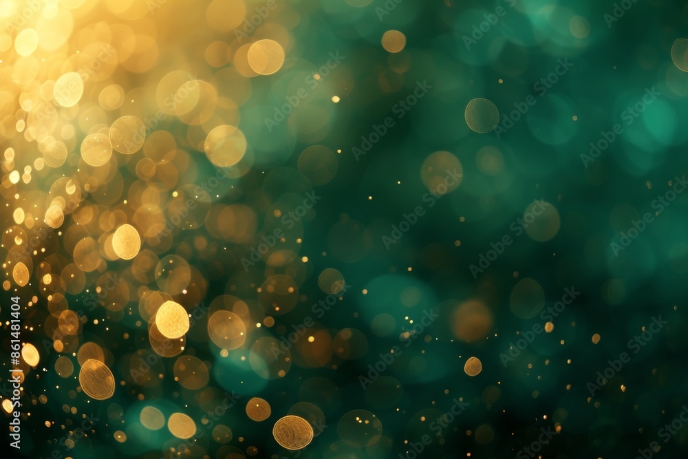 Abstract blur bokeh banner background. Gold bokeh on defocused emerald green background Abstract blur bokeh banner background. Gold bokeh on defocused emerald green background
