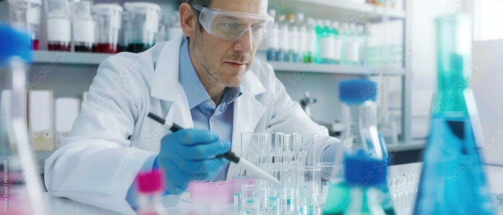 Scientist working in the laboratory, conducting an experiment with lab equipment and chemicals, showcasing scientific research and innovation. Scientist working in the laboratory, conducting an experiment with lab equipment and chemicals, showcasing scientific research and innovation.