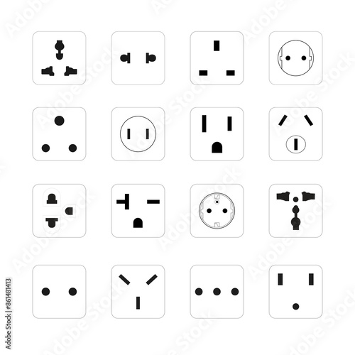 Set of electric outlets on a white background, featuring a diverse set of power sockets
