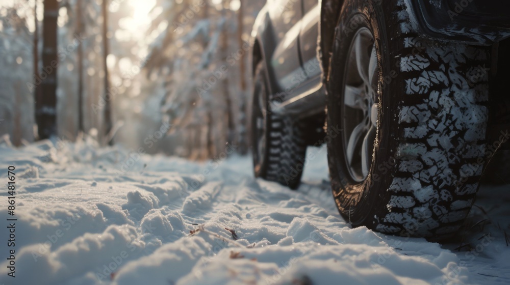 Car wheel with winter tires on snow in the forest Car wheel with winter tires on snow in the forest