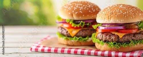 Two delicious cheeseburgers with fresh lettuce, tomato, and onion on a wooden table with a red checkered cloth, perfect for summer picnics. Independence Day, July 4. Traditional American Memorial Day