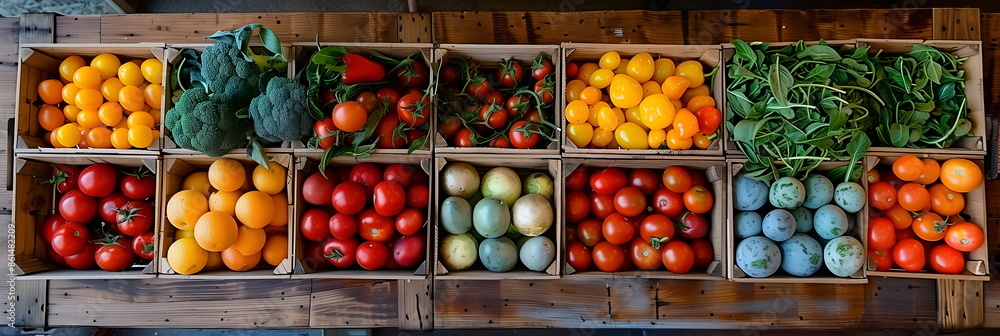Wooden boxes filled with vegetables, fruits, berries, plums, tomatoes, broccoli, spinach in showcase of private vegetable shop. Top view. Concept of organic produce with bright colors, healthy veggies Wooden boxes filled with vegetables, fruits, berries, plums, tomatoes, broccoli, spinach in showcase of private vegetable shop. Top view. Concept of organic produce with bright colors, healthy veggies