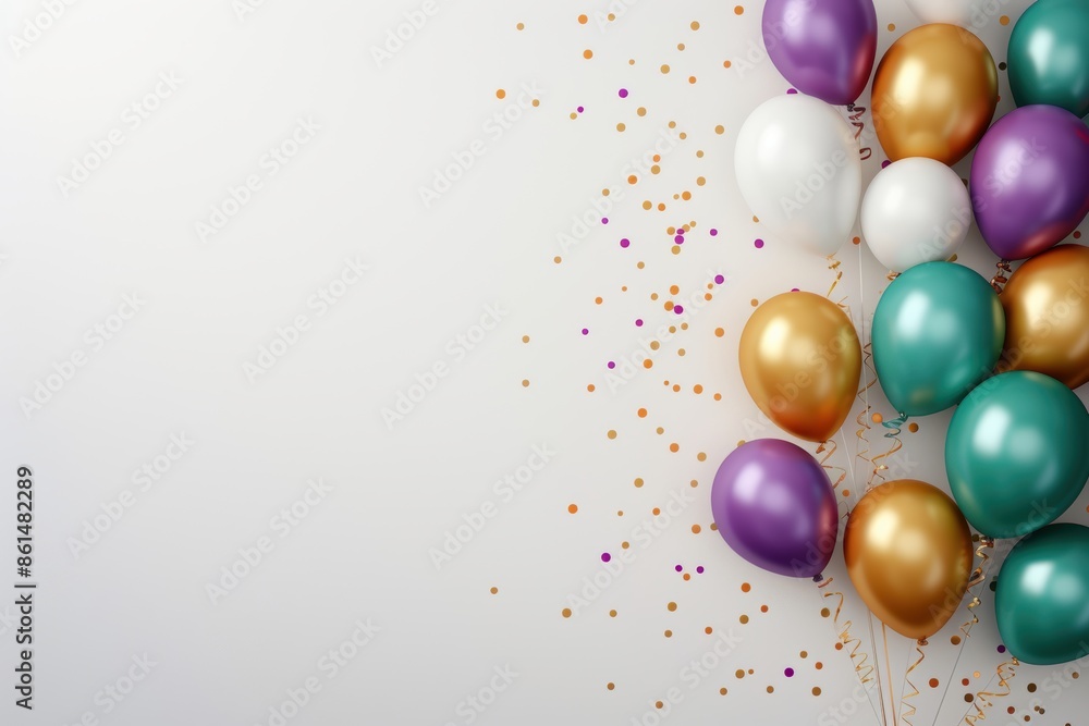 Colorful balloons and confetti on a white background. Ideal for celebrations, parties, or festive occasions. Overhead view. Colorful balloons and confetti on a white background. Ideal for celebrations, parties, or festive occasions. Overhead view.
