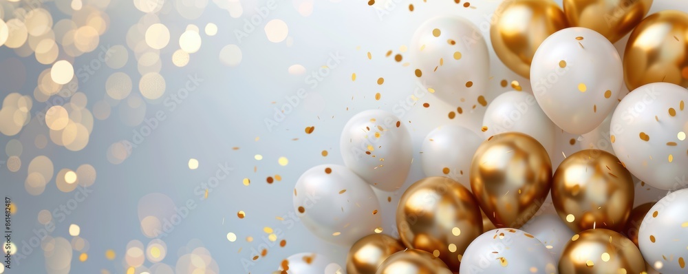 Elegant white and gold balloons with sparkling confetti on a shimmering background. Perfect for celebrations and festive events. Elegant white and gold balloons with sparkling confetti on a shimmering background. Perfect for celebrations and festive events.
