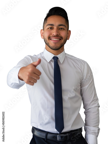 Hispanic man in white shirt and blue tie giving a thumbs up. Studio portrait isolated on transparent background. Professional business attire