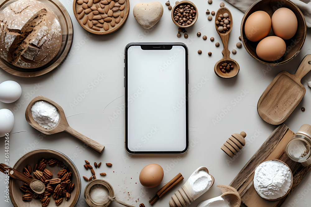 Top view of a smartphone surrounded by baking ingredients, evoking a culinary and tech fusion theme.