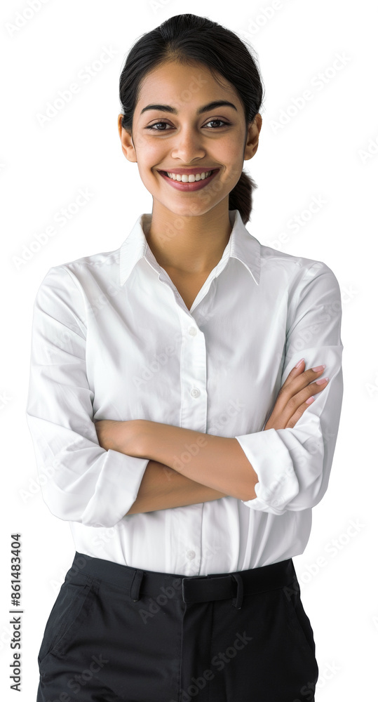 Indian woman in her 30s wearing white shirt with arms crossed. Studio portrait isolated on transparent background. Professional business attire Indian woman in her 30s wearing white shirt with arms crossed. Studio portrait isolated on transparent background. Professional business attire