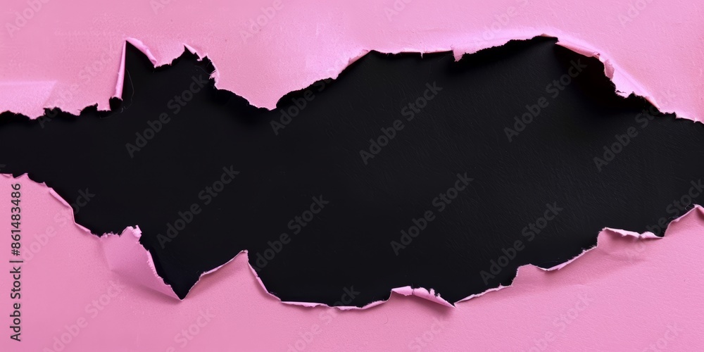 Torn hole paper background. An overhead view of pink torn paper revealing a black background for dramatic contrast. Ideal for announcements promotions Torn hole paper background. An overhead view of pink torn paper revealing a black background for dramatic contrast. Ideal for announcements promotions