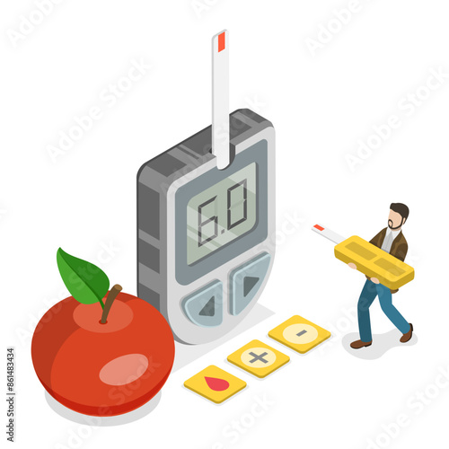 3D Isometric Flat Illustration of Blood Sugar Test, Measuring Glucose in Blood with Glucometer. Item 2