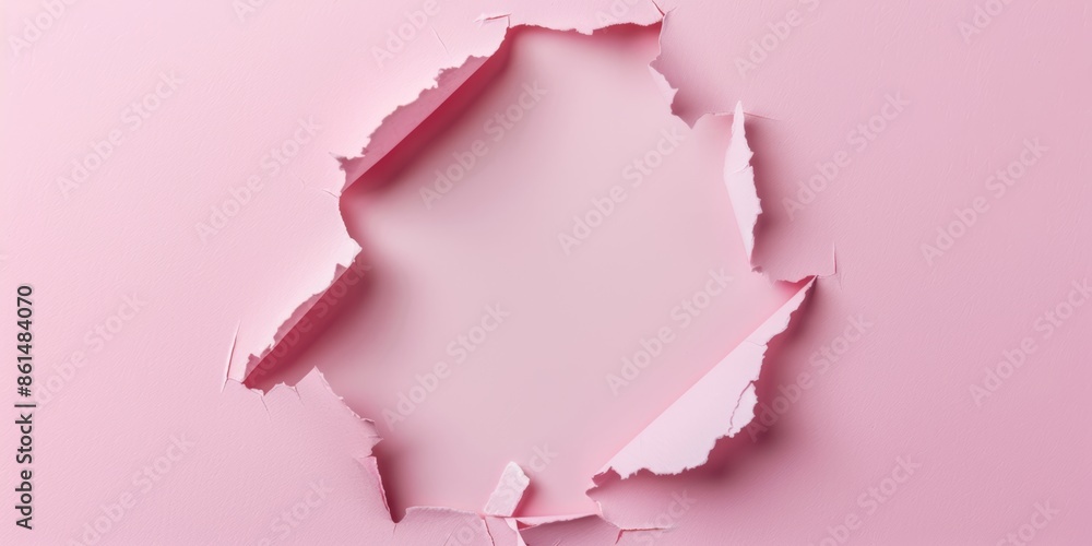 Pink Paper Ripped Backround Torn hole paper background. An overhead view of pink torn paper ...
