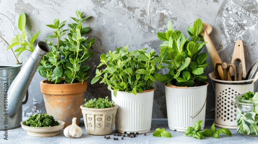 A collection of fresh herbs in white pots sit on a white surface against a grey wall A collection of fresh herbs in white pots sit on a white surface against a grey wall