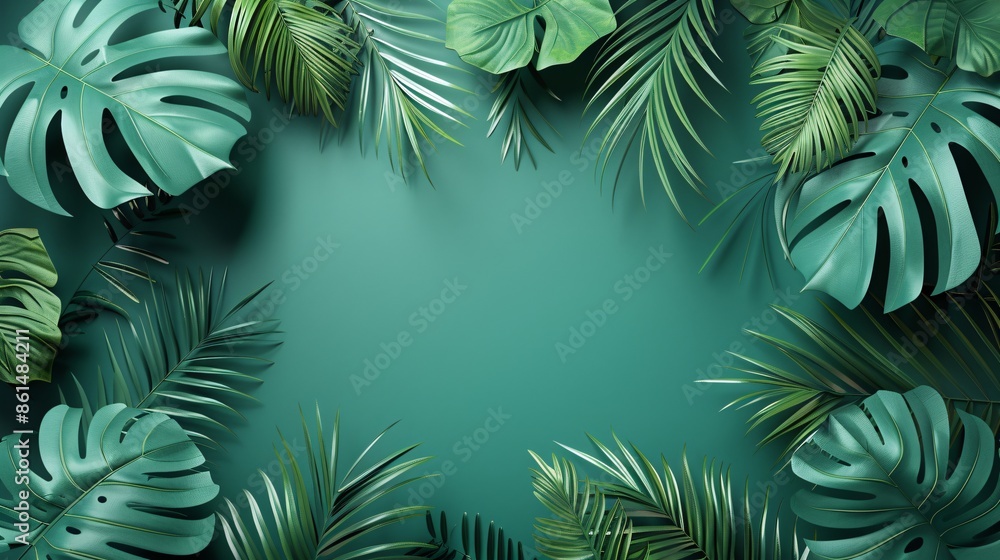 Green background with tropical leaves Green background with tropical leaves