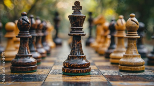 A close-up view of a chessboard with pieces set up for a game.