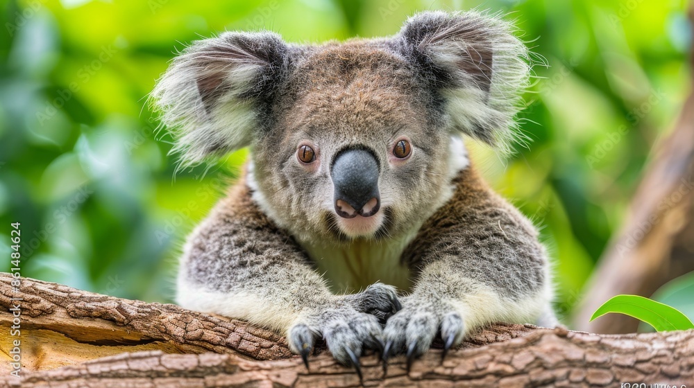 Naklejka premium Detailed close up of a koala s eyes and nose on a eucalyptus tree trunk in its natural habitat