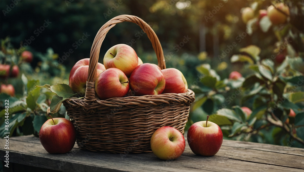 Basket of apples on a table in a garden Basket of apples on a table in a garden