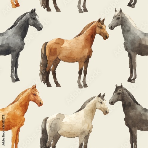 horse standing, seamless pattern, small scale pattern, hand drawn flat art, watercolor, clean illustration, white background 