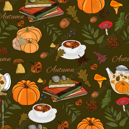 Autumn pattern. The leaves are multi-colored. The fall Seamless pattern. Colorful seamless pattern of autumn, fall howthorn leaves, hand made ink print photo