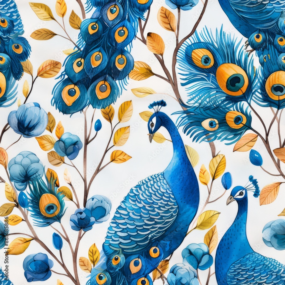 Obraz premium Peacocks, seamless pattern, small scale pattern, hand drawn flat art, watercolor, clean illustration, white background 